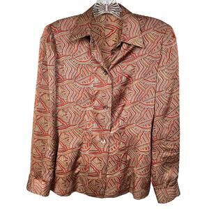 YOLA Women's Satin Button Down Shirt w/ Shoulder Pads Size S Brown Red Multi